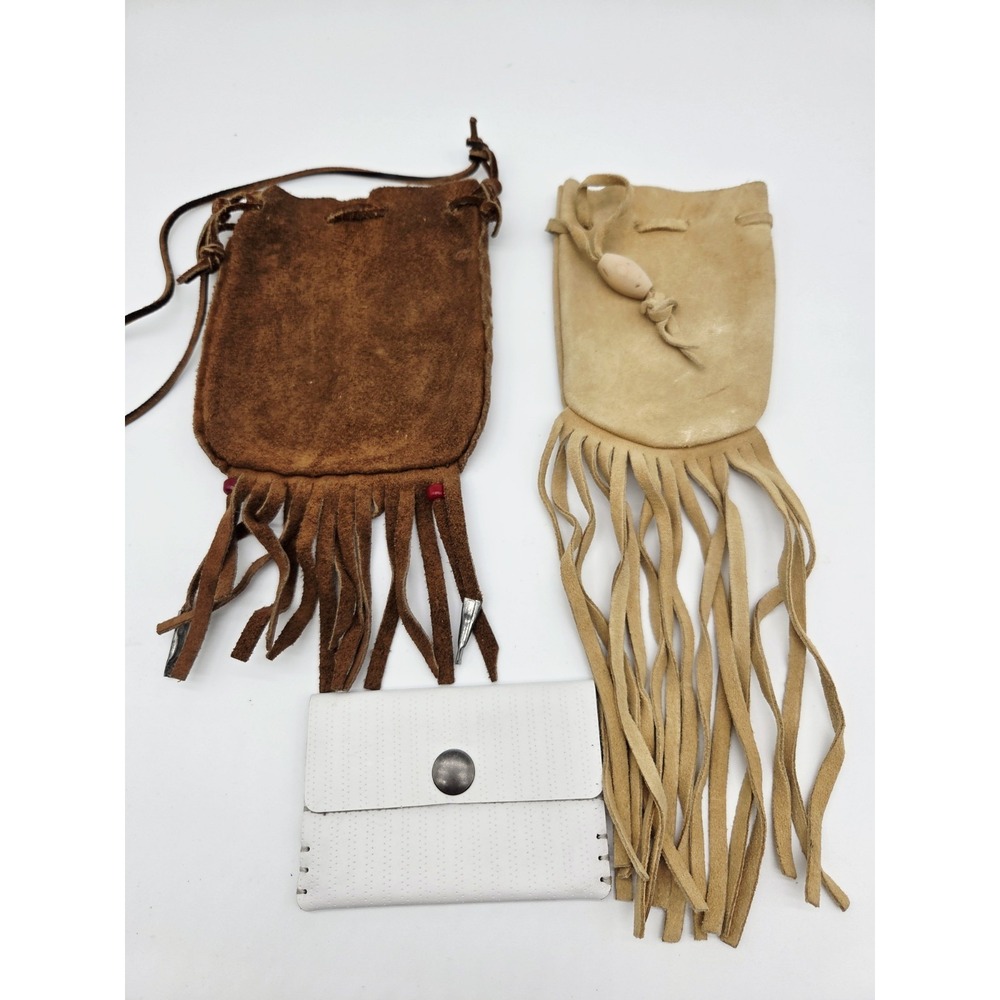 Lot of 3 Leather Medicine Pouch Drawstring Hand Made‎ Healing Fringe Bag